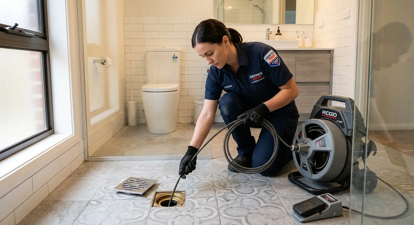 Technician clearing a bathroom floor drain for Drain Cleaning in Salem Lakes